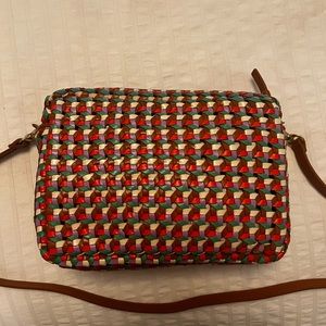 Clare V Marisol Crossbody in multi color woven rattan.
